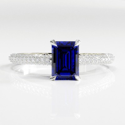 Emerald Cut Lab Grown Sapphire Hidden Halo Pave Engagement Ring