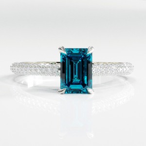 Emerald Cut Natural Topaz Hidden Halo Pave Engagement Ring