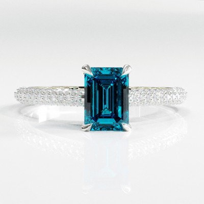 Emerald Cut Natural Topaz Hidden Halo Pave Engagement Ring