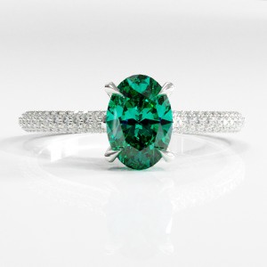 Oval Cut Lab Grown Emerald Hidden Halo Pave Engagement Ring