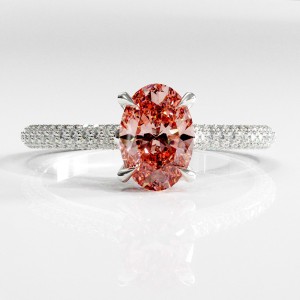 Oval Cut Lab Grown Morganite Hidden Halo Pave Engagement Ring