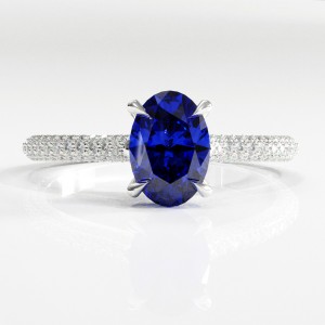 Oval Cut Lab Grown Sapphire Hidden Halo Pave Engagement Ring