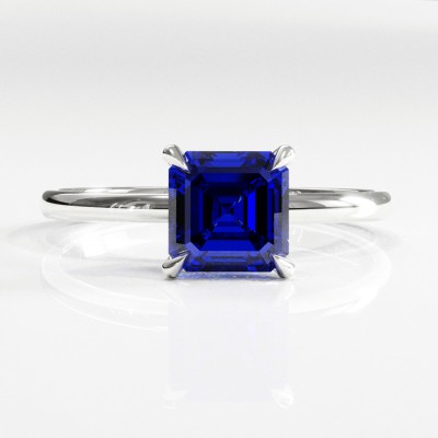 Asscher Cut Lab Grown Sapphire Hidden Halo Solitaire Engagement Ring