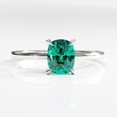 Elongated Cushion Cut Lab Grown Emerald Hidden Halo Solitaire Engagement Ring