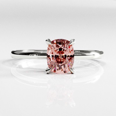 Elongated Cushion Cut Lab Grown Morganite Hidden Halo Solitaire Engagement Ring