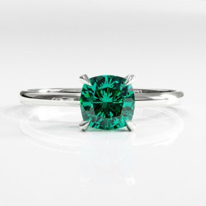 Cushion Cut Lab Grown Emerald Hidden Halo Solitaire Engagement Ring