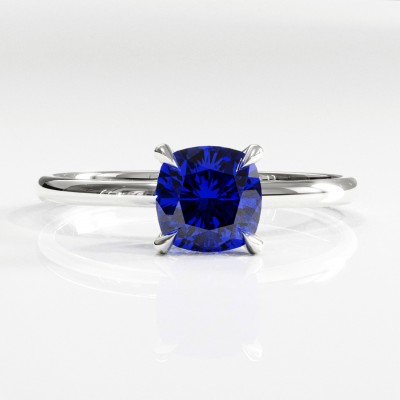 Cushion Cut Lab Grown Sapphire Hidden Halo Solitaire Engagement Ring