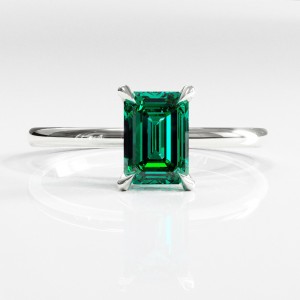 Emerald Cut Lab Grown Emerald Hidden Halo Solitaire Engagement Ring