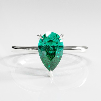 Pear Cut Lab Grown Emerald Hidden Halo Solitaire Engagement Ring