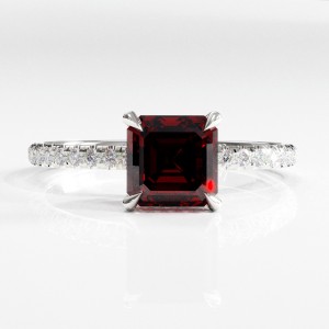 Asscher Cut Lab Grown Ruby Hidden Halo Pave Engagement Ring 