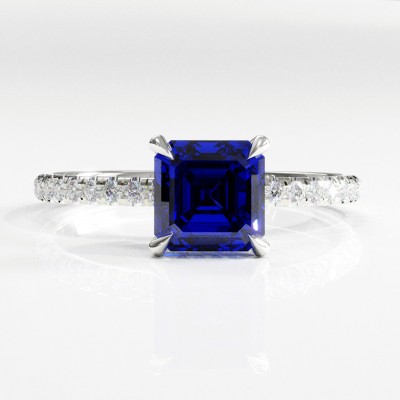 Asscher Cut Lab Grown Sapphire Hidden Halo Pave Engagement Ring 