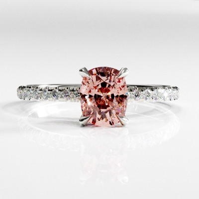 Elongated Cushion Cut Lab Grown Morganite Hidden Halo Pave Engagement Ring 