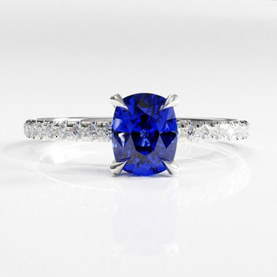 Elongated Cushion Cut Lab Grown Sapphire Hidden Halo Pave Engagement Ring 