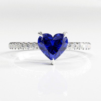 Heart Cut Lab Grown Sapphire Hidden Halo Pave Engagement Ring 