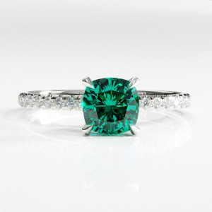 Cushion Cut Lab Grown Emerald Hidden Halo Pave Engagement Ring 