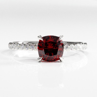 Cushion Cut Lab Grown Ruby Hidden Halo Pave Engagement Ring 