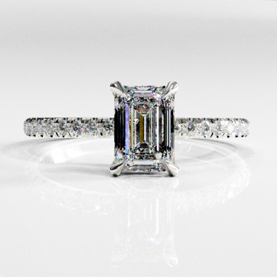 Emerald Cut Moissanite Hidden Halo Pave Engagement Ring 