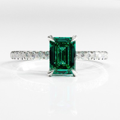 Emerald Cut Lab Grown Emerald Hidden Halo Pave Engagement Ring 