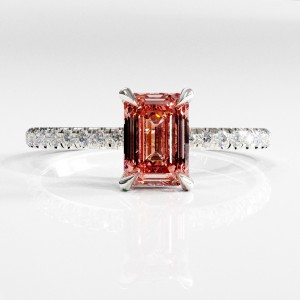 Emerald Cut Lab Grown Morganite Hidden Halo Pave Engagement Ring 