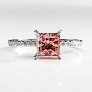 Princess Cut Lab Grown Morganite Hidden Halo Pave Engagement Ring 