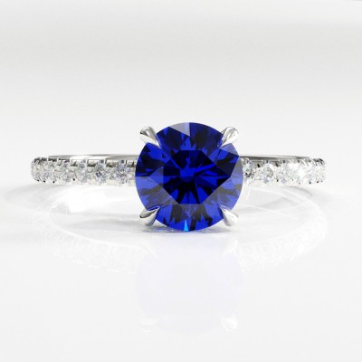 Round Cut Lab Grown Sapphire Hidden Halo Pave Engagement Ring 