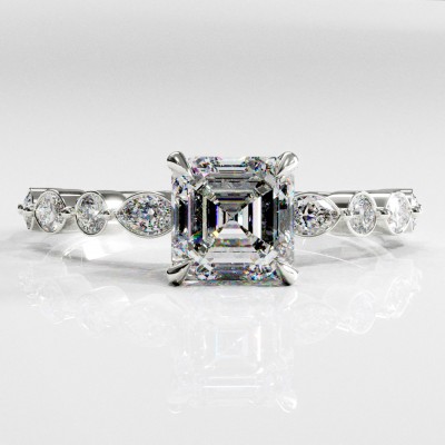 Asscher Cut Moissanite Hidden Halo Side Stone Engagement Ring