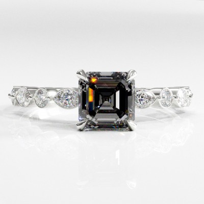 Asscher Cut Moissanite Hidden Halo Side Stone Engagement Ring