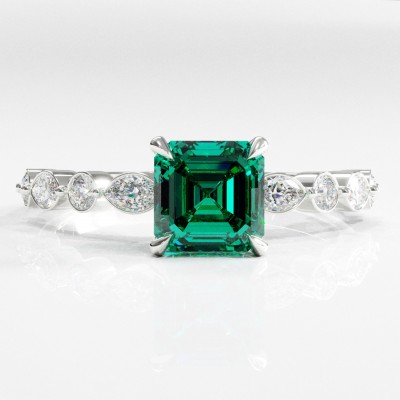 Asscher Cut Lab Grown Emerald Hidden Halo Side Stone Engagement Ring