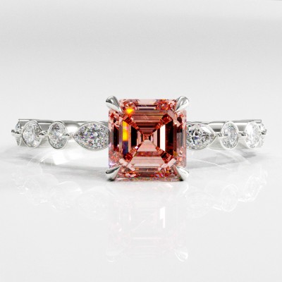 Asscher Cut Lab Grown Morganite Hidden Halo Side Stone Engagement Ring