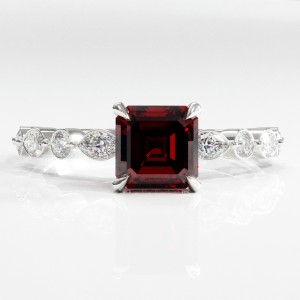 Asscher Cut Lab Grown Ruby Hidden Halo Side Stone Engagement Ring