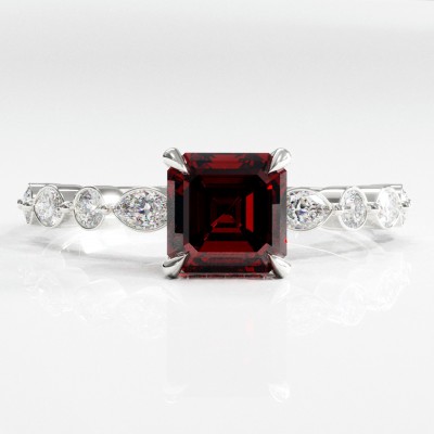 Asscher Cut Lab Grown Ruby Hidden Halo Side Stone Engagement Ring