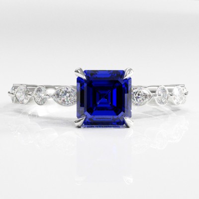 Asscher Cut Lab Grown Sapphire Hidden Halo Side Stone Engagement Ring