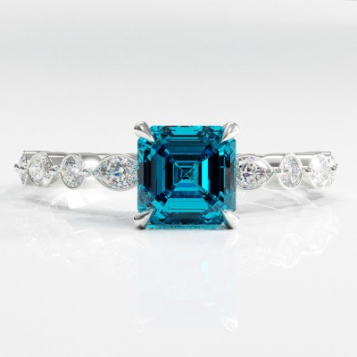 Asscher Cut Natural Topaz Hidden Halo Side Stone Engagement Ring