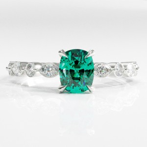 Elongated Cushion Cut Lab Grown Emerald Hidden Halo Side Stone Engagement Ring