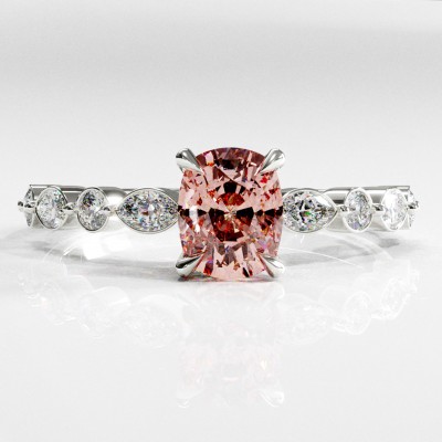 Elongated Cushion Cut Lab Grown Morganite Hidden Halo Side Stone Engagement Ring