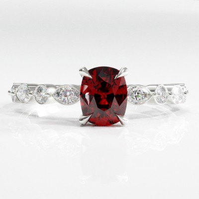 Elongated Cushion Cut Lab Grown Ruby Hidden Halo Side Stone Engagement Ring