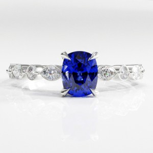 Elongated Cushion Cut Lab Grown Sapphire Hidden Halo Side Stone Engagement Ring