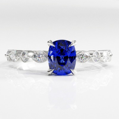 Elongated Cushion Cut Lab Grown Sapphire Hidden Halo Side Stone Engagement Ring