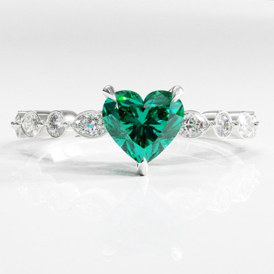 Heart Cut Lab Grown Emerald Hidden Halo Side Stone Engagement Ring