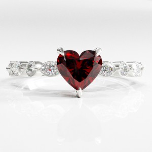 Heart Cut Lab Grown Ruby Hidden Halo Side Stone Engagement Ring