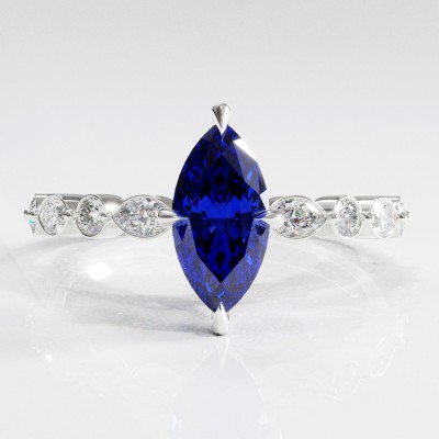 Marquise Cut Lab Grown Sapphire Hidden Halo Side Stone Engagement Ring