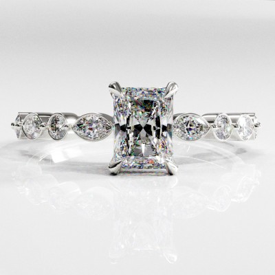 Radiant Cut Moissanite Hidden Halo Side Stone Engagement Ring