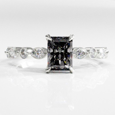 Radiant Cut Moissanite Hidden Halo Side Stone Engagement Ring