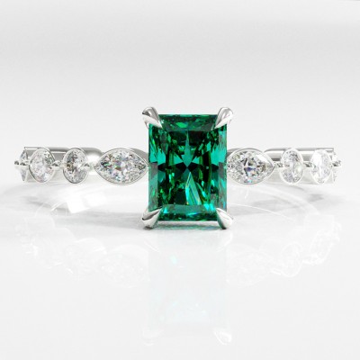 Radiant Cut Lab Grown Emerald Hidden Halo Side Stone Engagement Ring