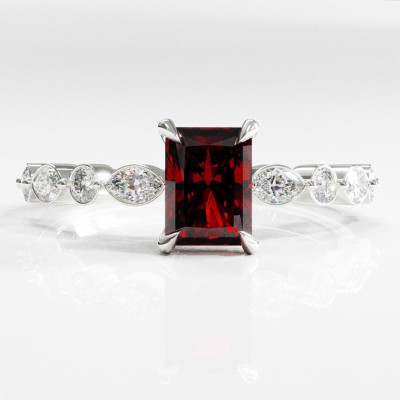 Radiant Cut Lab Grown Ruby Hidden Halo Side Stone Engagement Ring