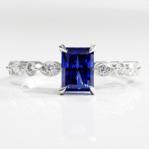 Radiant Cut Lab Grown Sapphire Hidden Halo Side Stone Engagement Ring