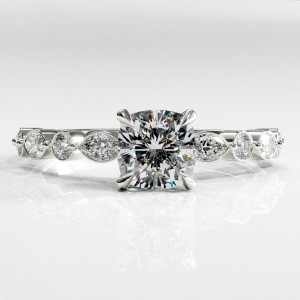 Cushion Cut Moissanite Hidden Halo Side Stone Engagement Ring 