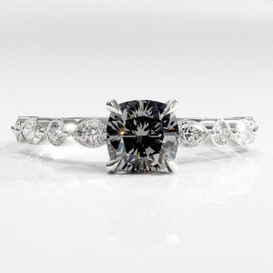 Cushion Cut Moissanite Hidden Halo Side Stone Engagement Ring 