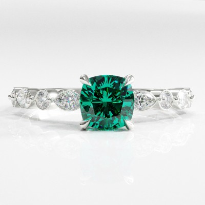 Cushion Cut Lab Grown Emerald Hidden Halo Side Stone Engagement Ring