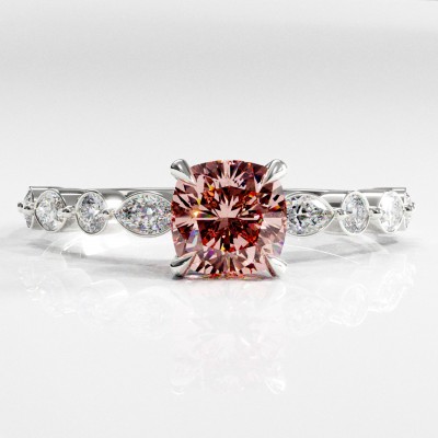 Cushion Cut Lab Grown Morganite Hidden Halo Side Stone  Engagement Ring